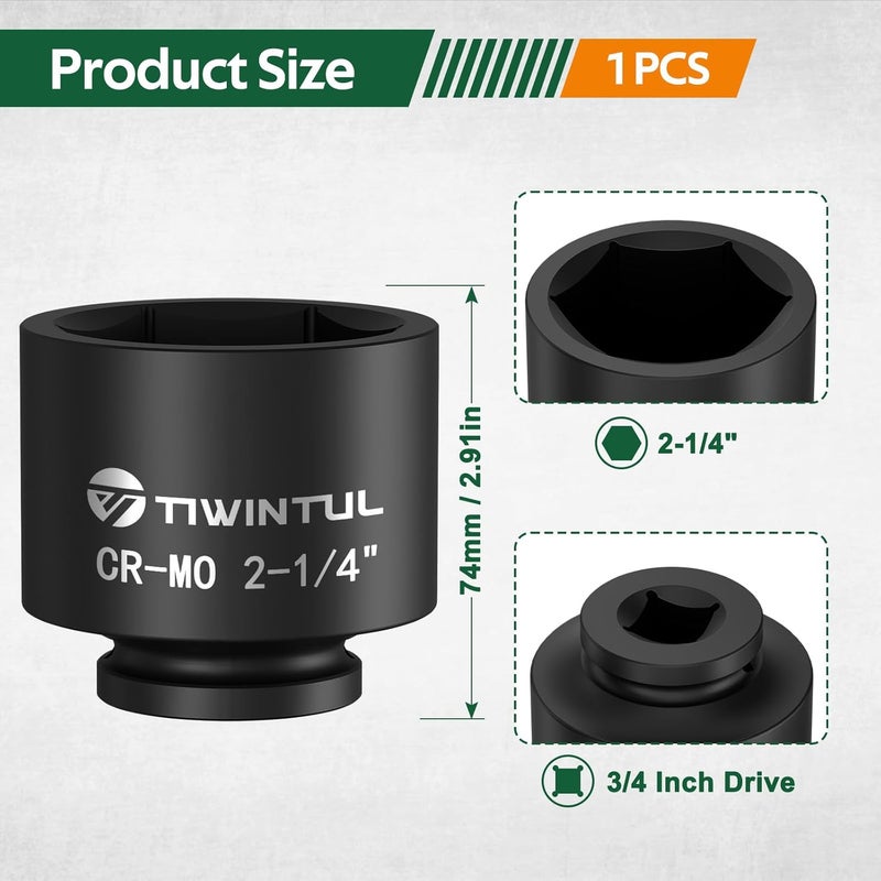 TIWINTUL 3/4 Inch Drive Impact Socket 2-1/4", Anti-Rounding 6-Point Design SAE Socket, Heat-Treated CR-MO, Black Phosphate Finish, Axle Nut Socket for Auto Repair, Easy Removal - Image 2
